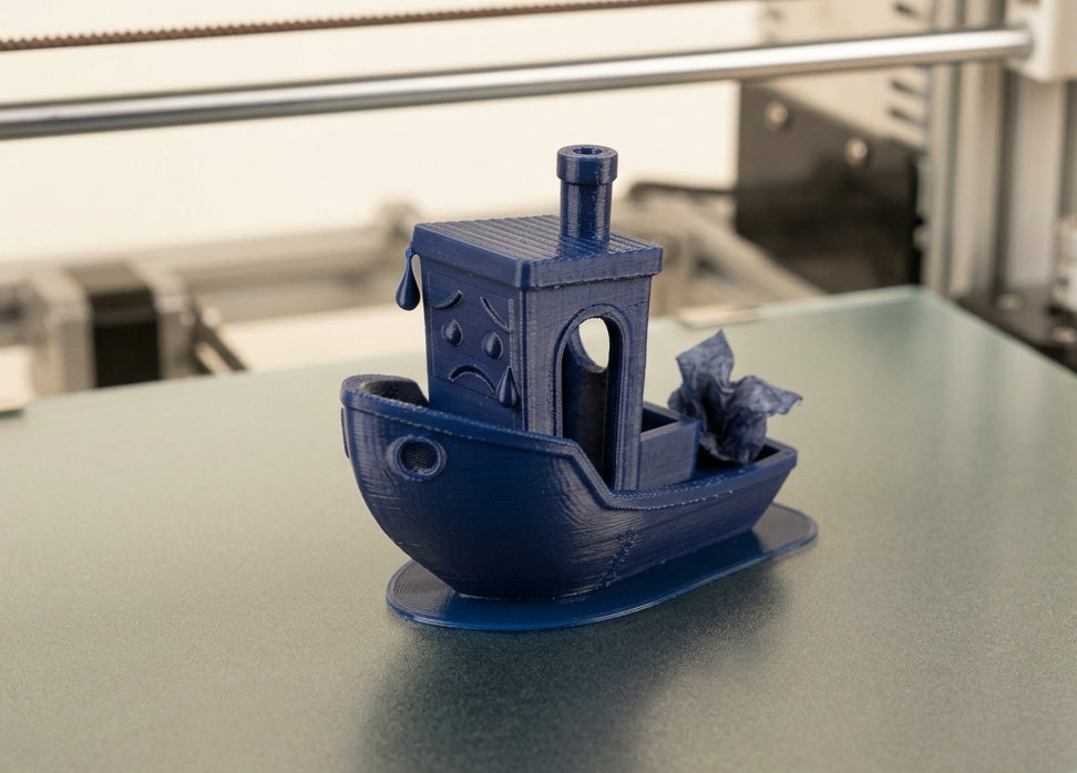 Ein kleines 3D-gedrucktes Boot allein auf einem leeren Druckbett.