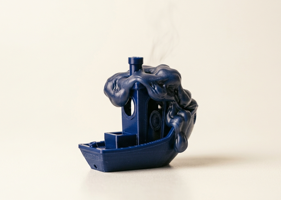 Ein 3D-gedrucktes Boot mit einem geschmolzenen Plastikklumpen obendrauf.