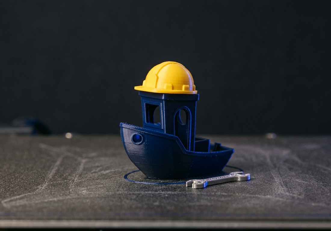 Ein 3D-gedrucktes Boot mit kleinem Bauhelm neben einem Schraubenschlüssel.