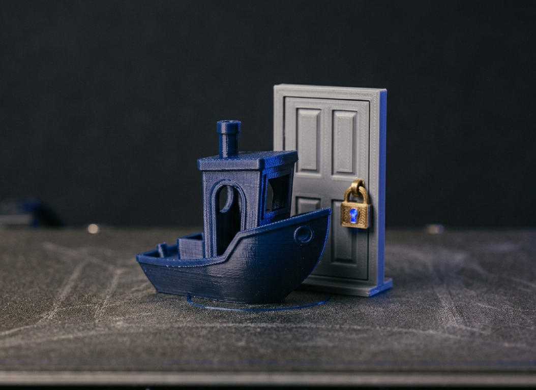 Ein 3D-gedrucktes Boot vor einer kleinen verschlossenen Tür.